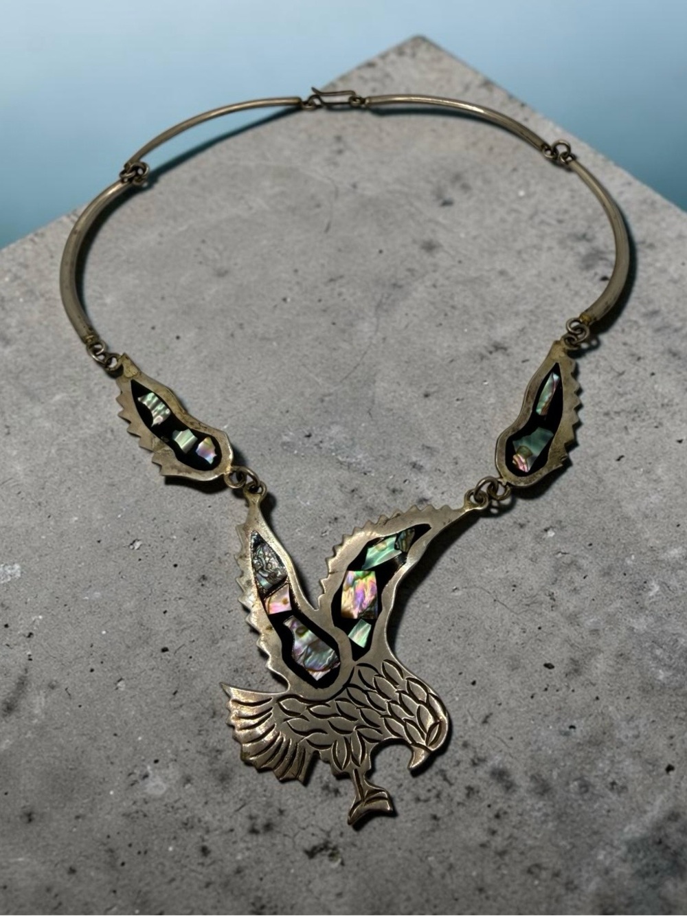 Vintage Mexican Alpaca Necklace Inlaid With Abalone Shells